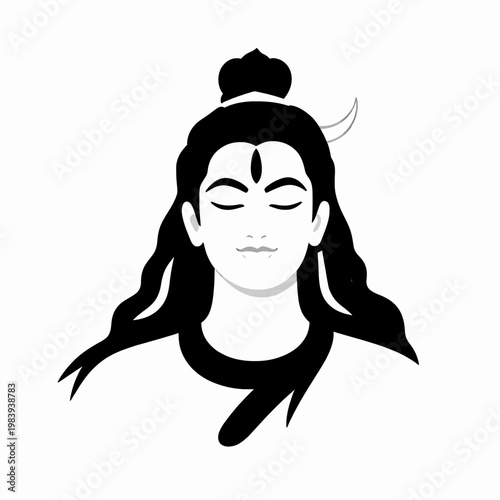 Meditative South Asian Hindu God Lord Shiva, Single Adult Male Deity with Spiritual Symbols, Serene Religious Concept Art, Isolated Flat Vector Illustration on White Background
