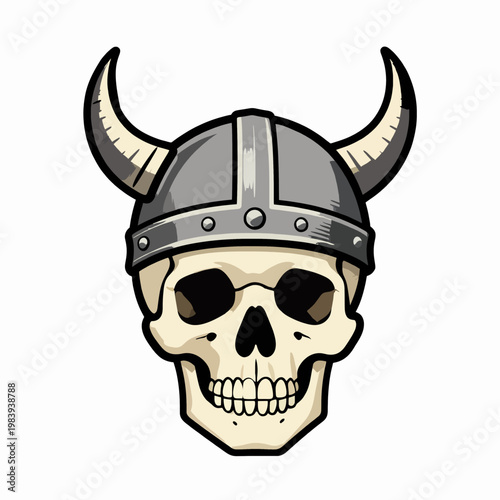 Flat Vector Illustration of a Single Human Skull Wearing a Viking Warrior Helmet with Horns, Gritty Nordic Undead Concept Art, Minimalist Macabre Graphic, Isolated on White Background.