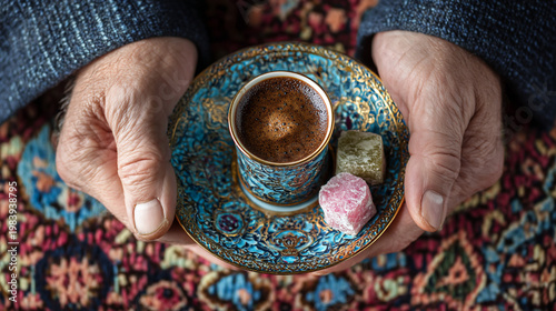 Hands holding a small cup of tea on a decorative plate with a flower and a colorful