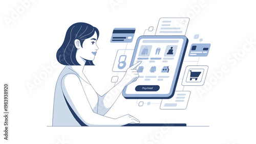 Online Payment and Digital Shopping Concept Woman Browsing and Paying via Tablet Minimal Clean Vector Illustration Design