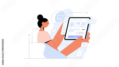 Digital Online Marketing Commerce Concept with Woman Using Tablet for Payment and Shopping Minimal Modern Vector Illustration