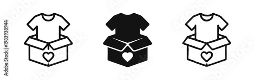 Clothes Donation Box Icon Set with Heart in Outline, Solid, and Hand-Drawn Doodle Styles