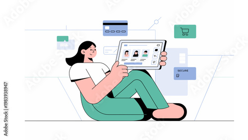 Modern E Commerce Online Shopping Scene Woman Using Tablet for Secure Payment Clean Minimal Line Art Vector Illustration