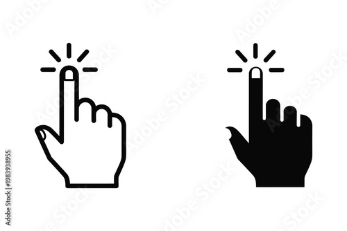 Clicking finger icon, one outlined and one solid black, with radiant lines indicating action, vector illustration