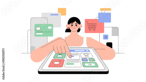 Online Payment and Digital Shopping Concept Woman Browsing and Paying via Tablet Minimal Clean Vector Illustration Design