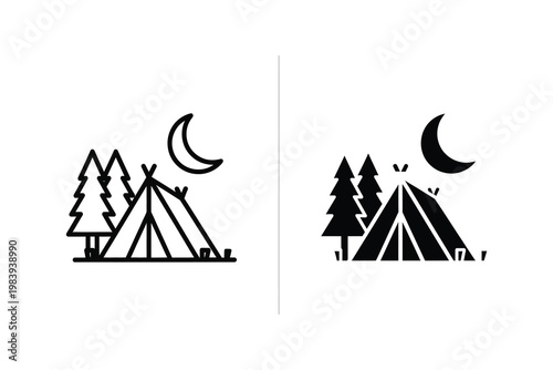 Vector illustration of a camping tent set amidst pine trees under a crescent moon at night