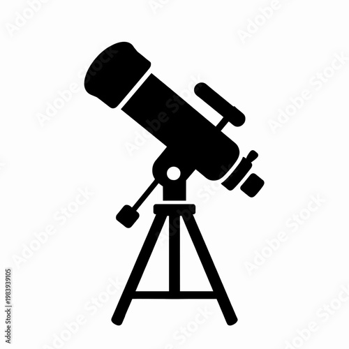 Minimalist flat vector illustration of a professional astronomical telescope on a tripod for stargazing and science education, isolated on white background, space exploration concept.