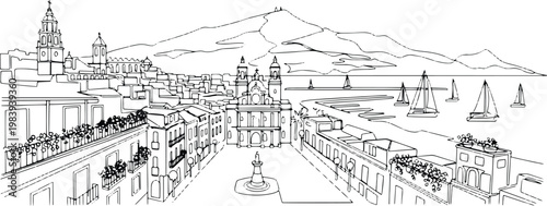 Continuous single line drawing of Marbella skyline, Spain coastal city landmark outline