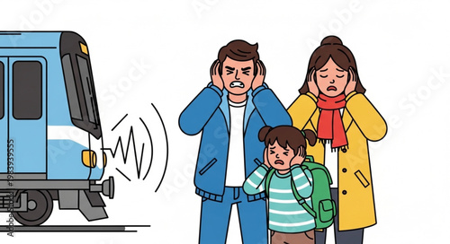 Family covering ears from loud train noise pollution.