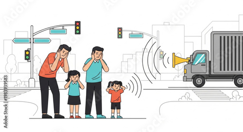 Family covering ears from loud truck noise pollution on city street.