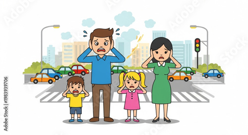 Family covering ears from traffic noise pollution in city street.