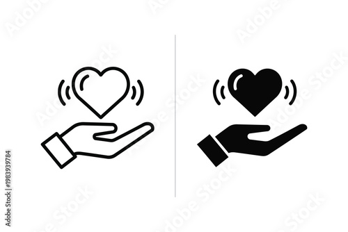 Hand holding a heart icon with radiating pulse waves, outline and solid fill, vector illustration