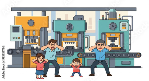 Family covering ears in noisy factory with machinery.