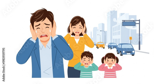 Family distressed by loud city noise pollution illustration.