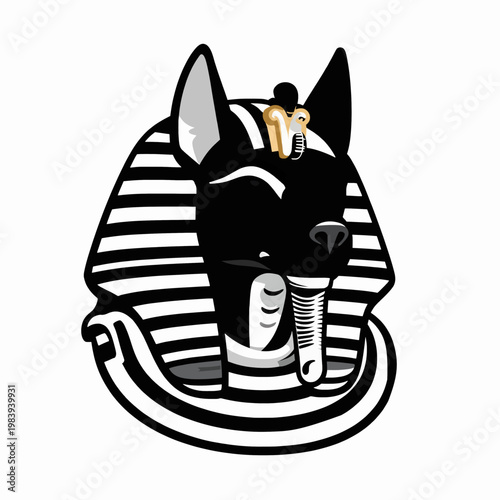 Stunning Flat Vector Illustration of a Single Skeletal Anubis Head Wearing a Striped Egyptian Nemes Headdress, Macabre Ancient Mythology Concept Isolated on White, Bold Black and White Graphic.