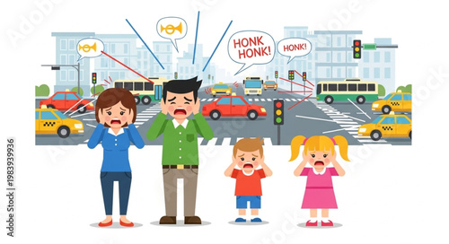 Family distressed by loud city traffic noise pollution.