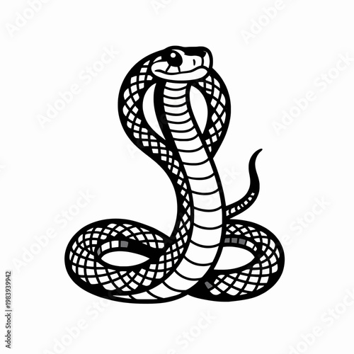 Minimalist flat vector illustration of a single coiled rattlesnake with intricate black ink line art and scale patterns, monochromatic serpent graphic isolated on a white background for design.