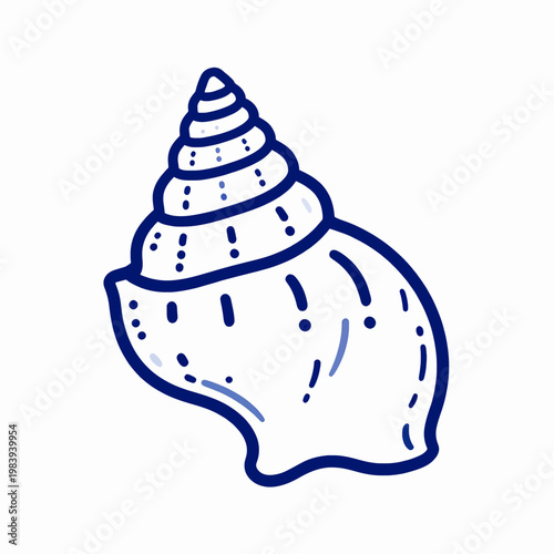 Minimalist flat vector illustration of a single blue spiraled Triton trumpet seashell isolated on white, nautical ocean beach theme, hand-drawn ink style sea shell icon for summer vacation concept