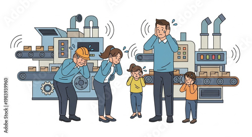 Family distressed by loud factory noise pollution industrial setting.