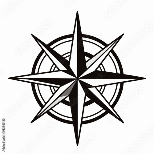 Minimalist black and white nautical compass rose flat vector illustration, isolated on white background, sharp geometric star icon for navigation and maritime travel concepts