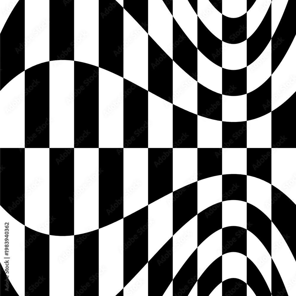 Obraz premium A bold black and white wavy distorted checkerboard pattern with an optical illusion effect, ideal for modern wallpaper, fashion textiles, branding, and abstract background use.