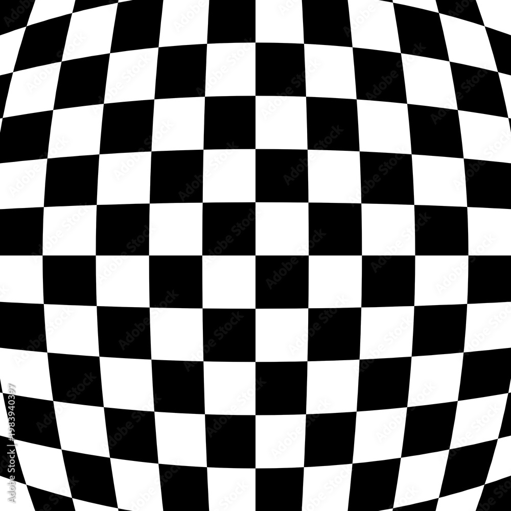 Obraz premium A bold black and white wavy distorted checkerboard pattern with an optical illusion effect, ideal for modern wallpaper, fashion textiles, branding, and abstract background use.