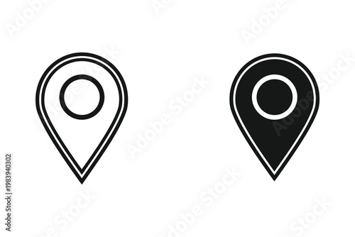 Two stylized map pin location markers, one outline and one filled black, isolated on white background. vector illustration