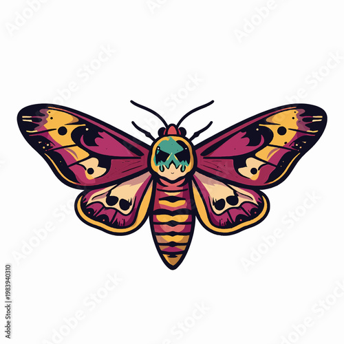 Vintage tattoo style flat vector illustration of a single Deaths-head Hawkmoth with ornate wing patterns and a skull motif, isolated on a white background for graphic design and art projects.