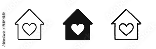 Charity House Icons with Heart for Shelter and Home Care Services
