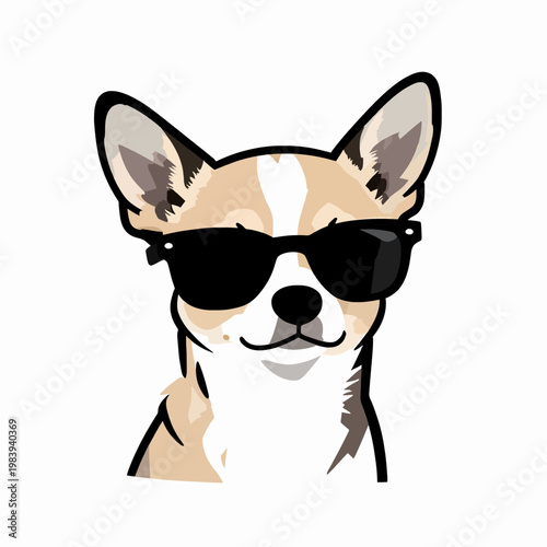 Cool Chihuahua dog wearing black sunglasses, flat vector illustration of a stylish pet, minimalist animal portrait isolated on white, modern graphic design for pet lovers and canine fashion.