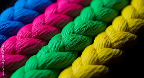 A hyper-realistic macro close-up of thick braided nylon ropes. Each rope is a different vibrant neon color: electric blue, hot pink, acid green, and bright yellow. The ropes curve diagonally across 