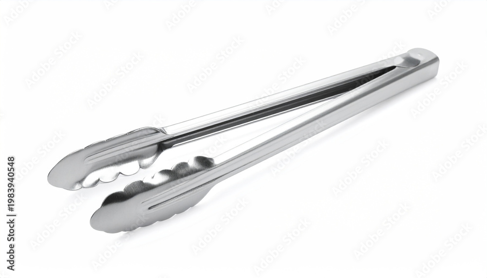 Fototapeta premium Polished stainless steel kitchen tongs with textured gripping ends on white backdrop