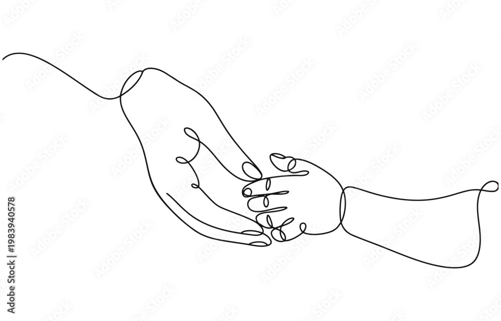 Obraz premium One continuous line drawing of baby kid hand holding mom dad parents hands.
