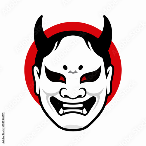 A single Japanese Hannya mask flat vector illustration, traditional demonic folklore character with sharp horns and red sun, minimalist graphic art isolated on white background, East Asian concept.