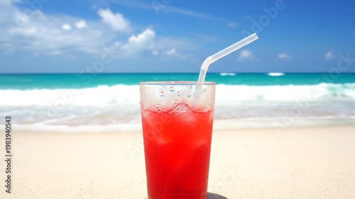 Red drink on tropical beach.