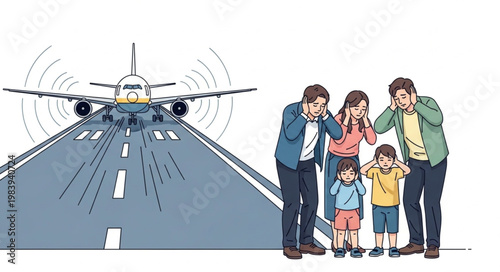 Family covering ears from loud airplane noise on runway.