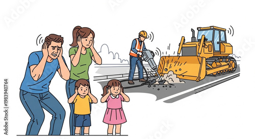 Family covering ears from loud construction noise and heavy machinery.