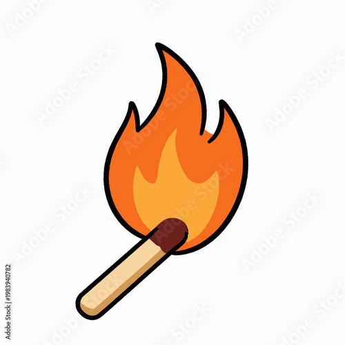 Minimalist flat vector illustration of a single burning matchstick with a bright orange flame and black ink outlines, representing concepts of heat, energy, and ignition, isolated on white.