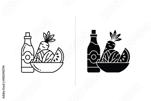 Healthy food ingredients: bottle of oil, carrots, and fresh fruit in a bowl, flat design vector illustration