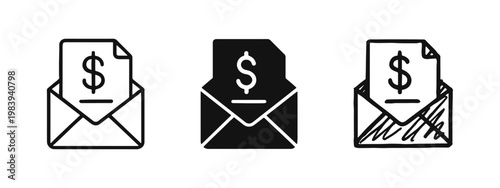 Financial Donation Letter Icons with Dollar Bill in Envelope
