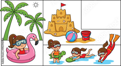 Cartoon Girl at the Beach with Flamingo Pool Float, Sandcastle, Swimming, and Summer Fun Activities Vector Illustration