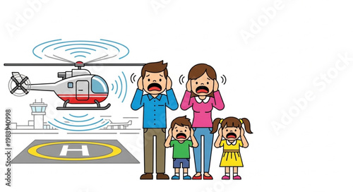 Family covering ears from loud helicopter noise near helipad.