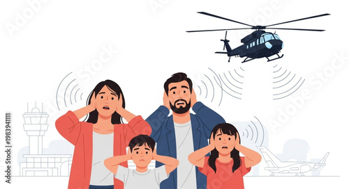 Family covering ears from loud helicopter noise pollution.