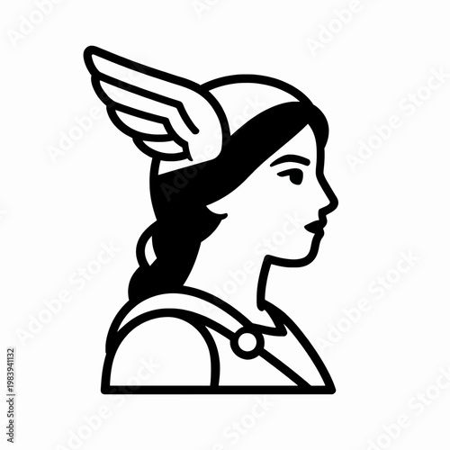 Beautiful White Woman Valkyrie Warrior in Flat Vector Art Style, Brave Nordic Mythology Goddess with Braided Hair and Winged Headpiece Standing Indoors, Profile View, Concept of Strength.