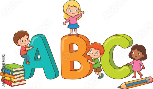 Cartoon Kids with ABC Alphabet Blocks, Books, and Pencils Vector Illustration for Early Education, Learning, and School Themes