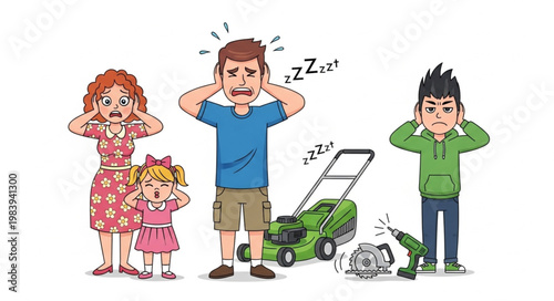 Family Covering Ears From Loud Lawn Mower Noise.