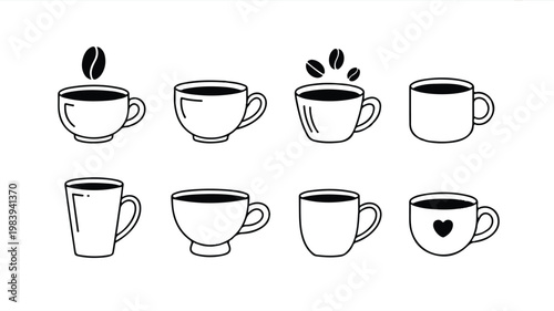 A minimalist black and white line art illustration of various coffee cups