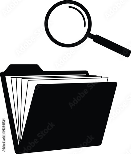 Black Folder with Magnifying Glass on White Background