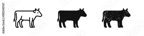 Cow Icon Set, Cattle Silhouette and Outline, Dairy and Farm Animal Symbols, Outline Solid and Hand Drawn Styles