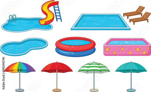Summer Pool and Umbrella Vector Set with Inflatable Pools, Water Slides, Lounge Chairs, and Beach Accessories for Vacation and Outdoor Fun